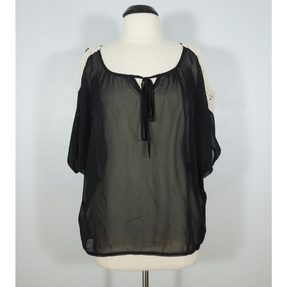 AMERICAN DREAM Blouse L LARGE Womens Black Sheer Crochet Cold Shoulder